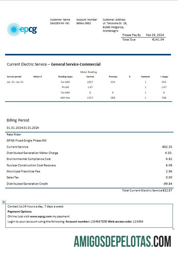 imprimível Montenegro Elektroprivreda Crne Gore (EPCG) Modelo de conta de serviços públicos de eletricidade em formatos Word e PDF